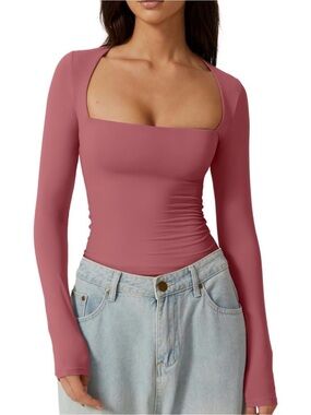 Dusty Rose 🪷 Fitted Square Neck Long Sleeve Top